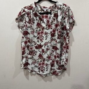 41 Hawthorn Floral Blouse Women‎ XL White Burgundy Pink Short Sleeve V Neck Top